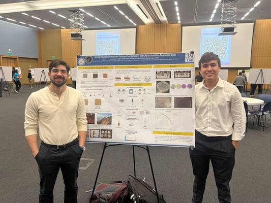 Aerospace Physiology students Christopher Legon and Pablo Robles won first place in an undergraduate student session for research, for work that investigated the use of bacteria to increase soil stability in coastal lands and areas struck by forest fires.