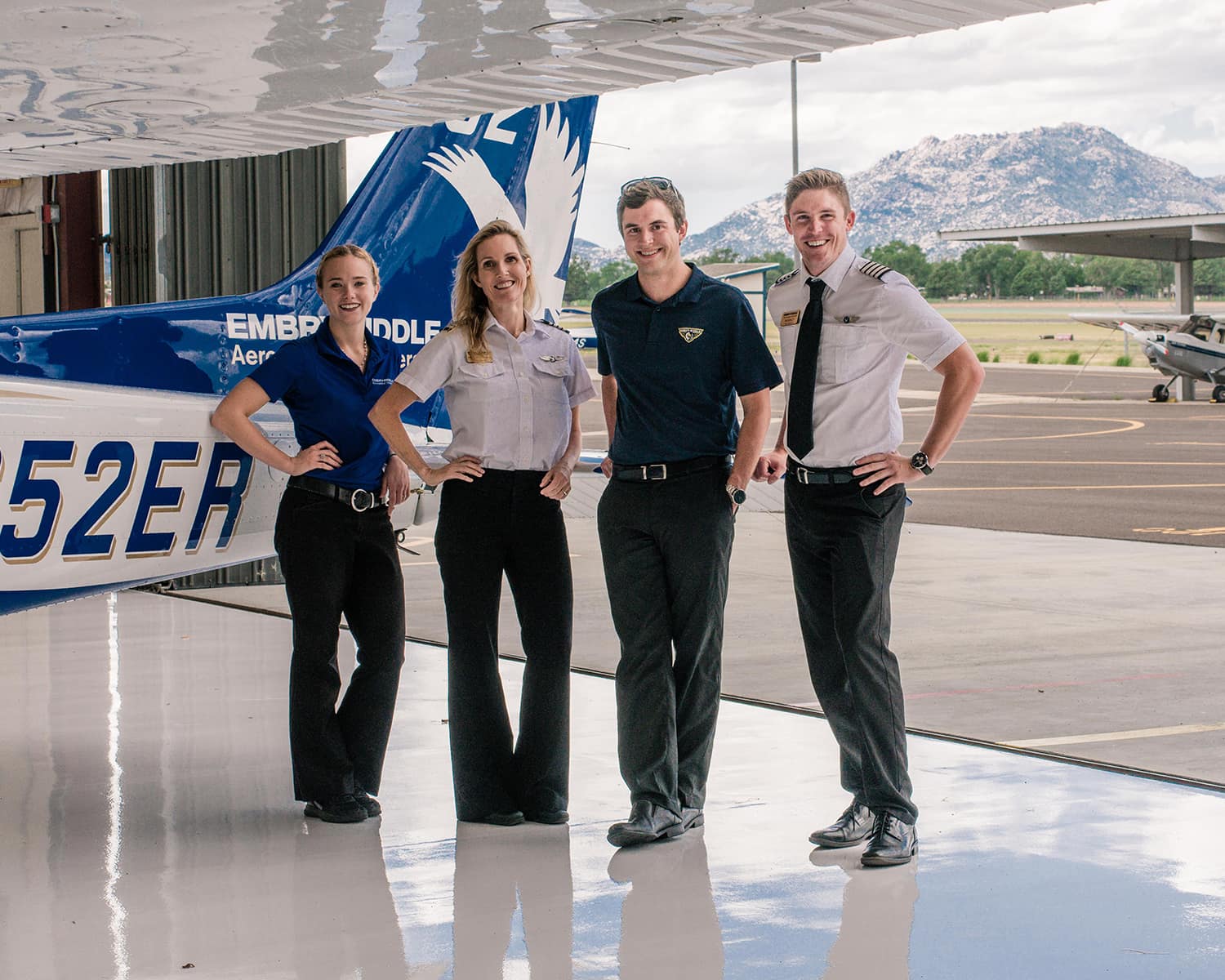 Embry-Riddle Aeronautical University flight instructors in the hangar.