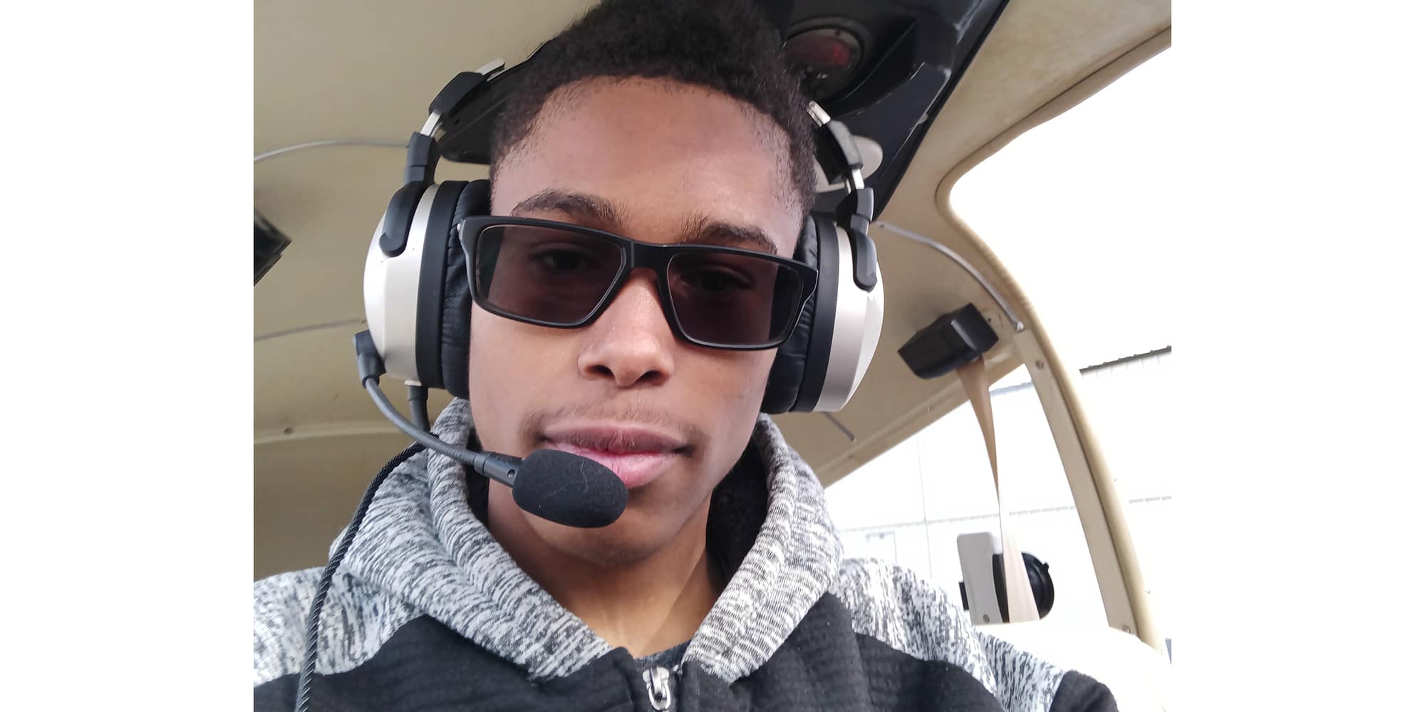 With headset in place, Josiah Moise is ready to add some more flight time to the growing total in his pilot logbook. (Photo: Josiah Moise)