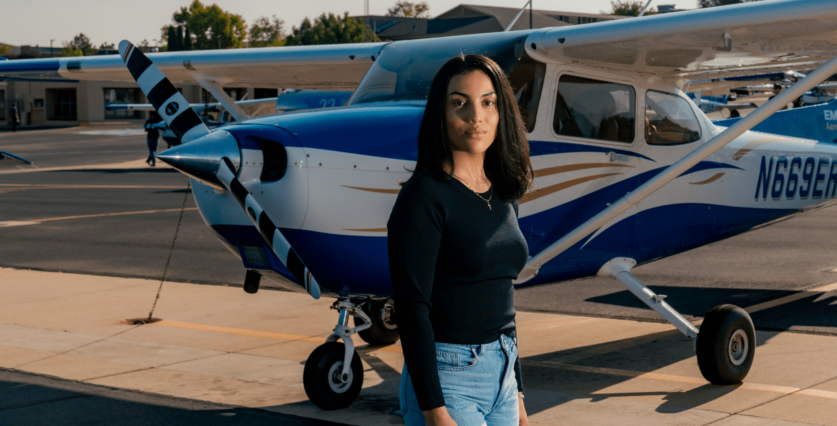 Boeing Scholar and Aeronautical Science major Kristy Magana (’27) posing on the Flight Line on the Prescott Campus. (Photo: Embry-Riddle / Connor McShane)  