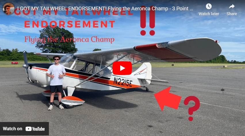 A YouTube Video Thumbnail with Hudson standing next to a small plane, the title reads I got my tailwheel endorsement - Flying the Aeronca Champ.