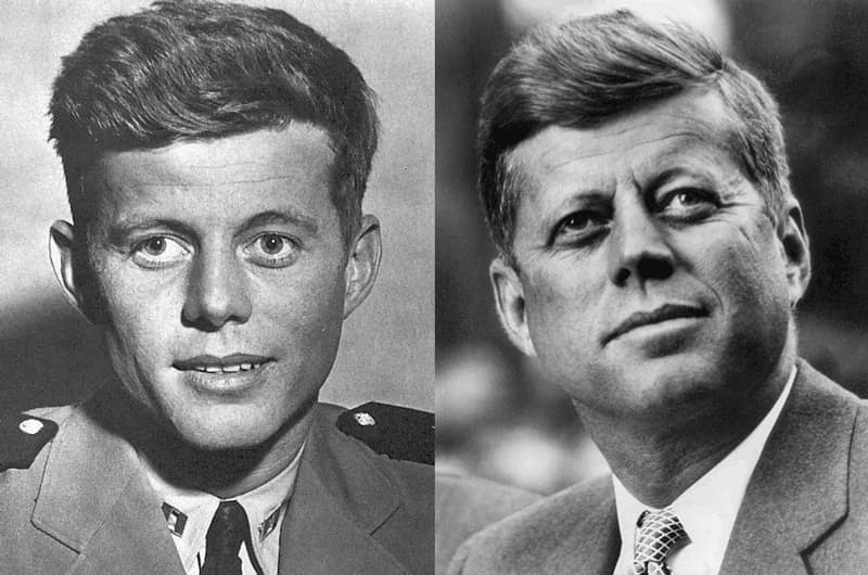 Young John F. Kennedy in the Navy next to John F. Kennedy as President of the United States of America.