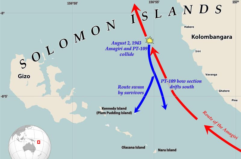 Map of Solomon Islands where John F. Kennedy is involved in collision with Japanese destroyer.