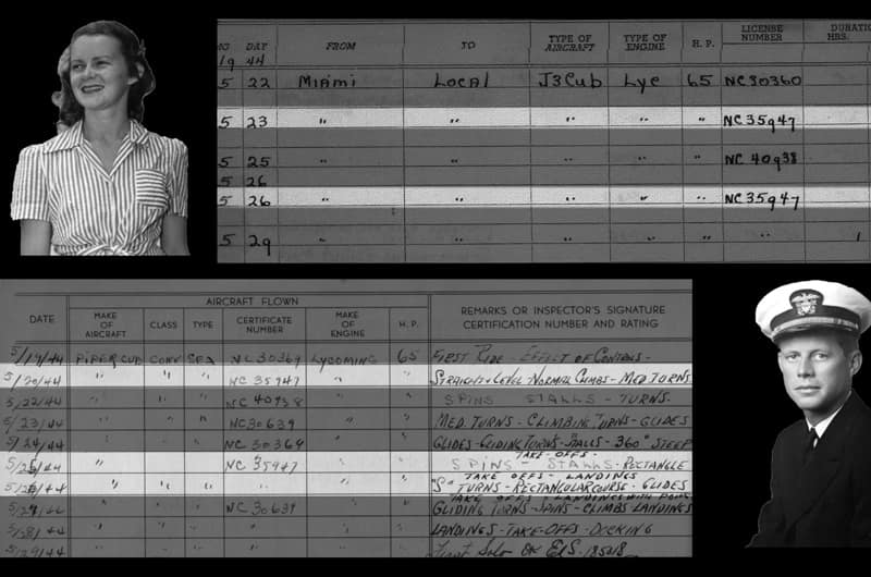 A comparison between Corinn Louise Smith's flight log and John F. Kennedy's flight log showing matching plane tail numbers.