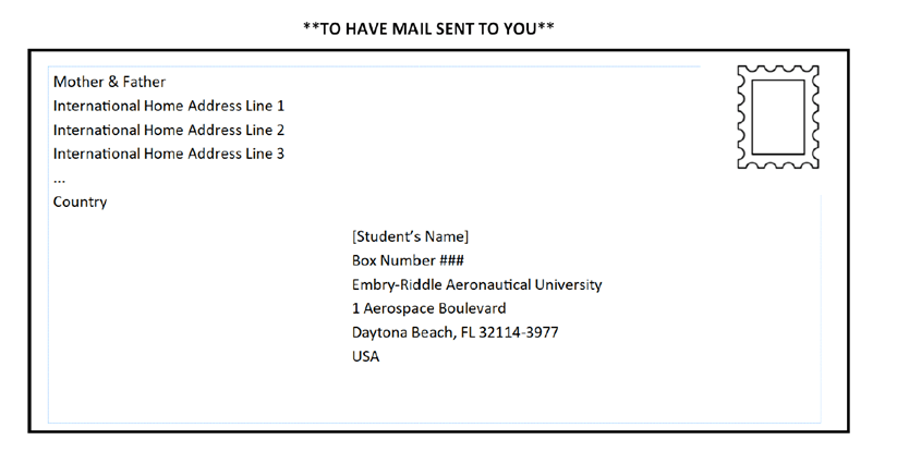 envelope from a generic international address addressed to a generic student with a campus address