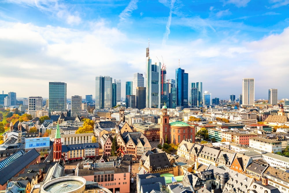 Panoramic aerial view cityscape skyline with skyscrapers in Frankfurt, Germany