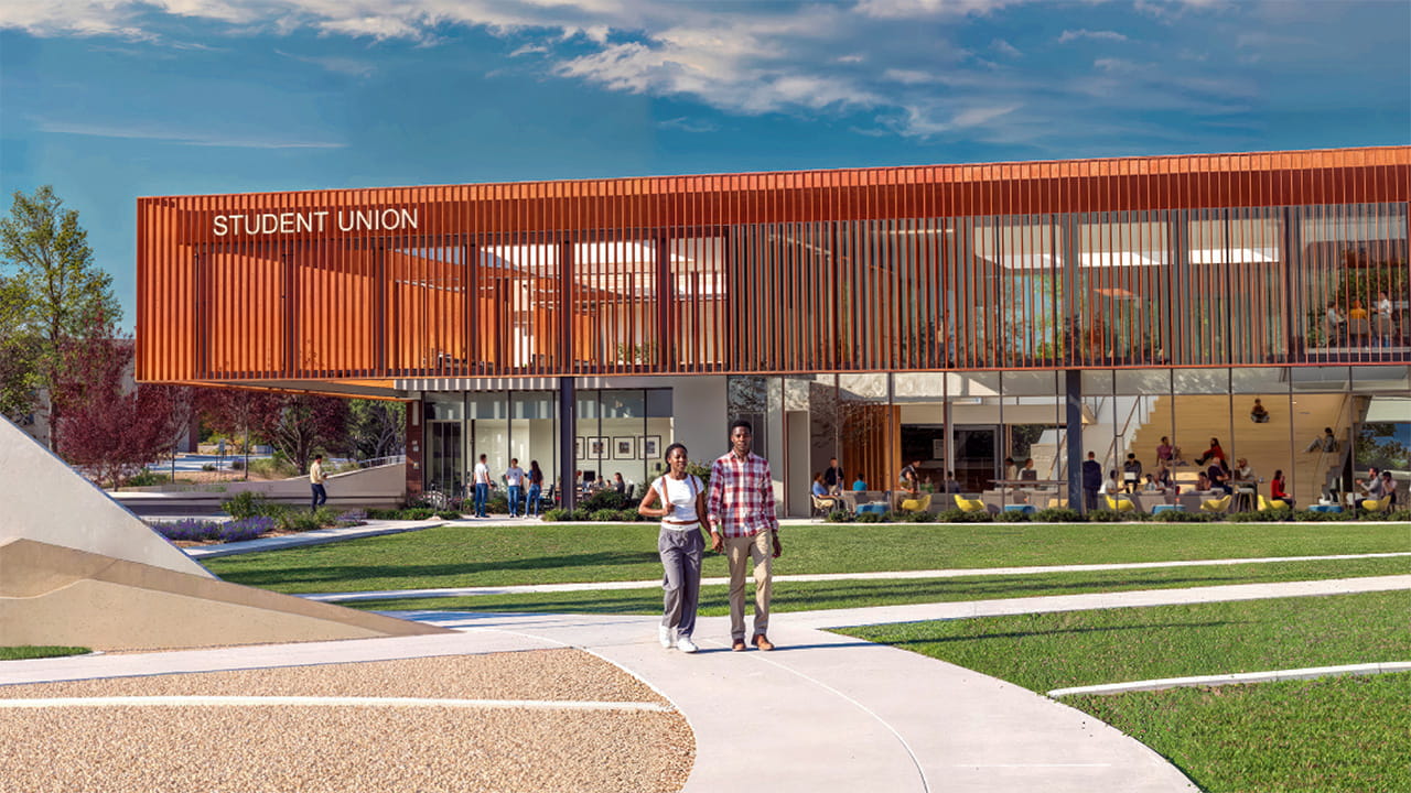 Architectural rendering of new Student Union as viewed from new Quad.