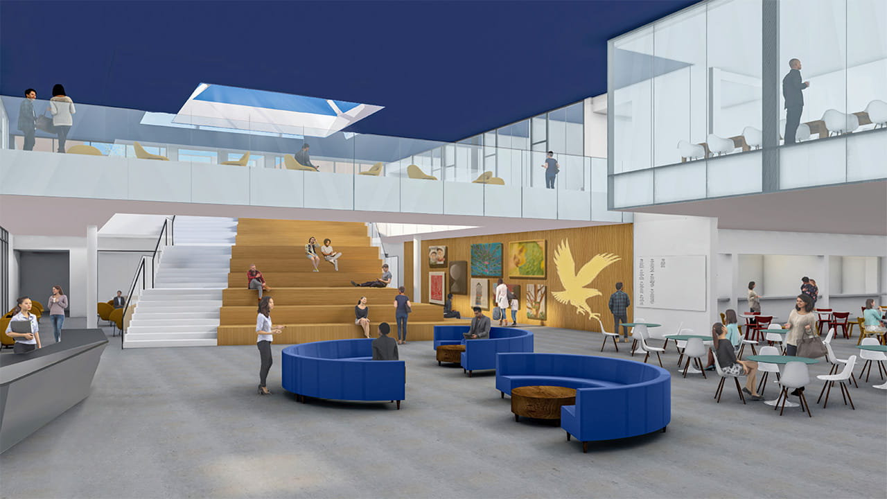 Architectural rendering of the new Student Union's interior first level.