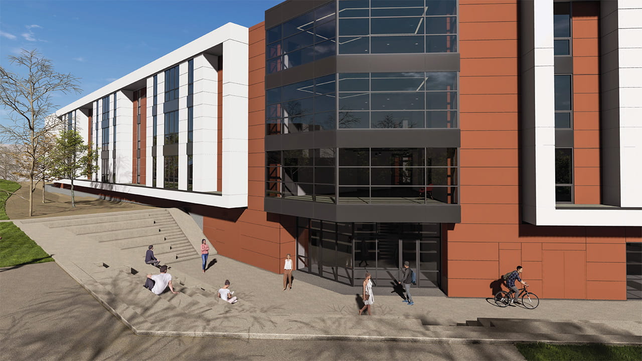 Architectural rendering of T3 Residential Complex at gathering area.