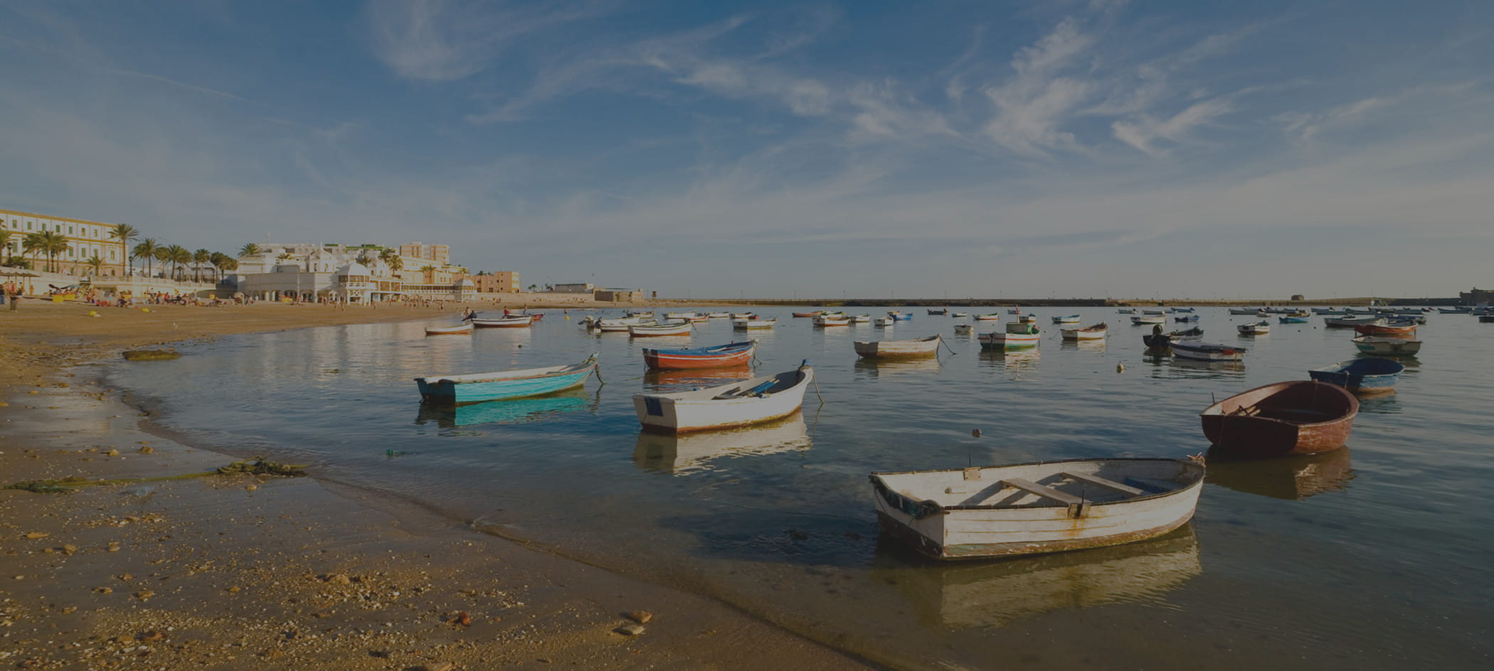 Multiple small rowboats near a shore.