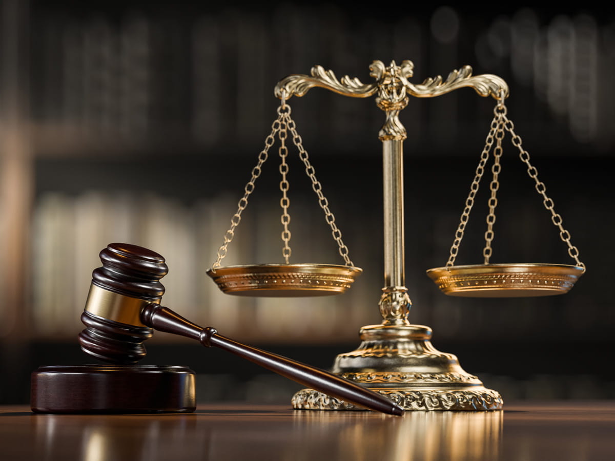 Scales of justice and a gavel.