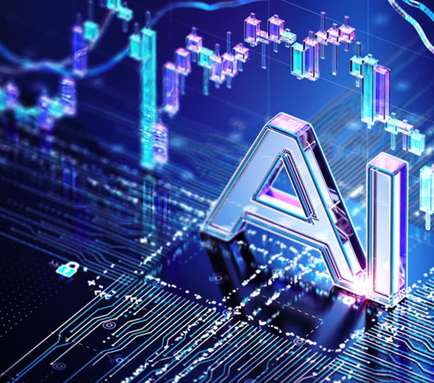 circuit board and data graphic with the letters AI