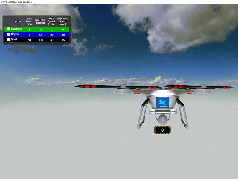 A screenshot of Multirotor program with a drone flying in the sky