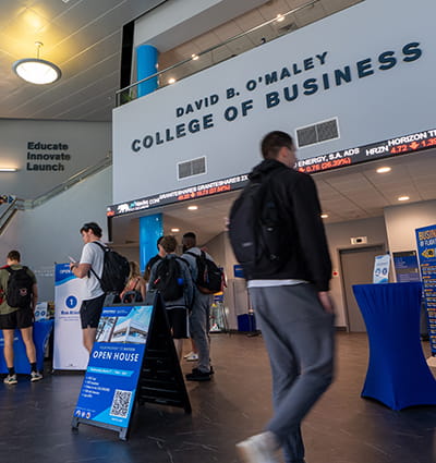 Embry-Riddle students walk through the Daytona Beach College of Business lobby