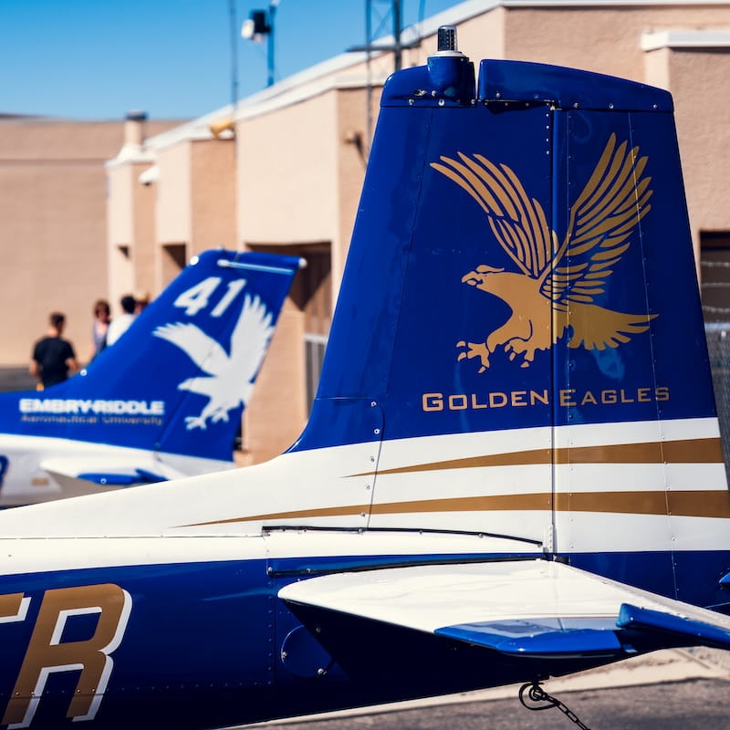 tail of the Embry-Riddle Golden Eagle planes with the Golden Eagle logo on it