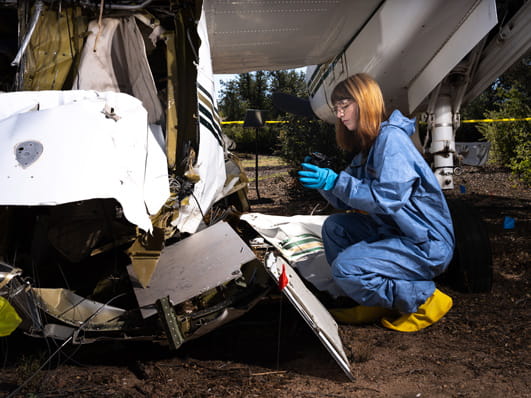 Person in protective coveralls and gloves examining debris from a damaged aircraft outdoors.