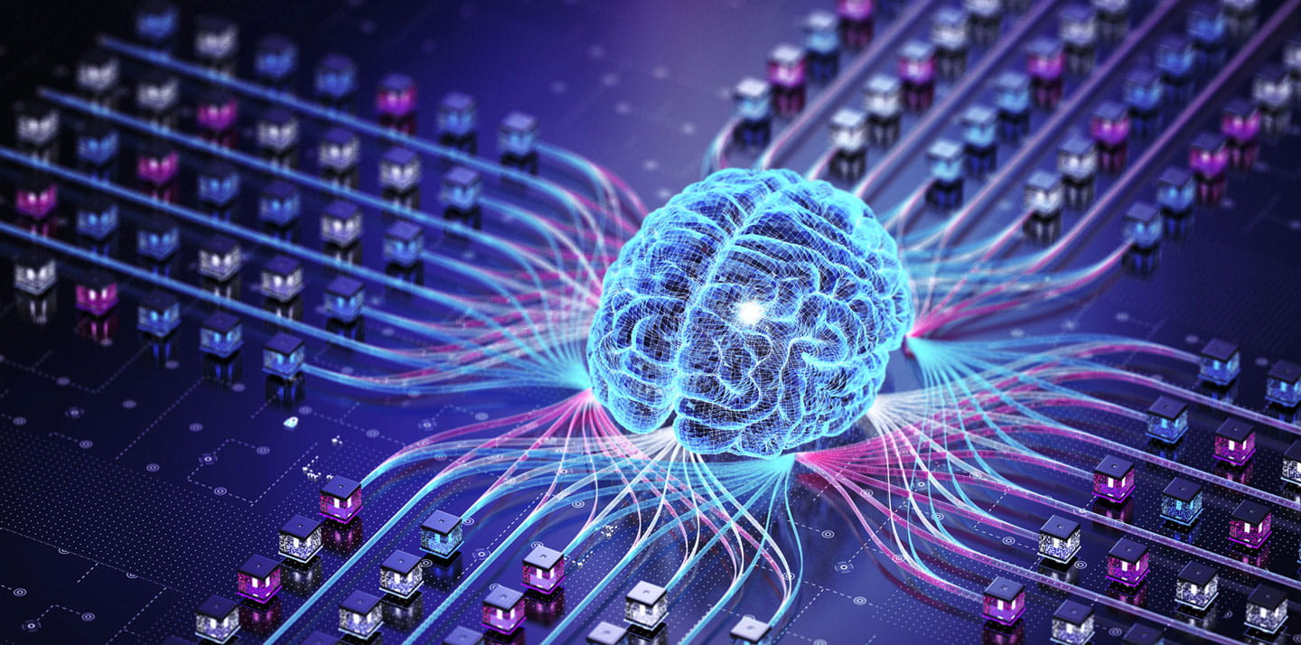 Brain graphic with computer hardware.