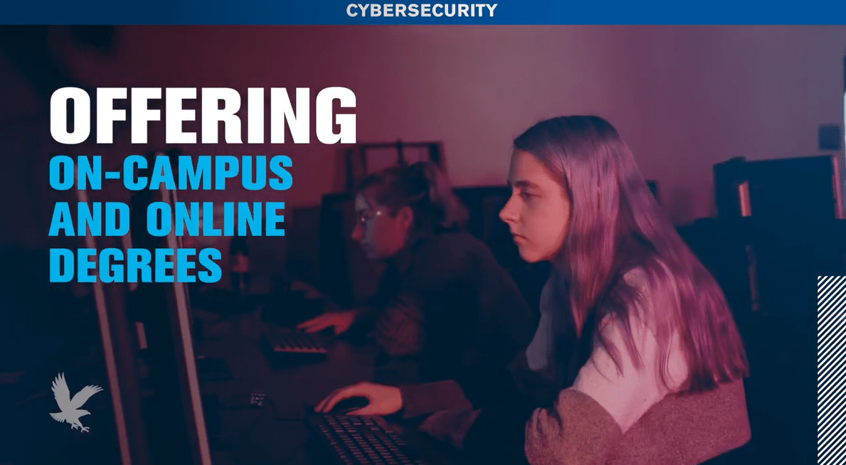The words Offering On-Campus and Online Degrees overlaying a photo of a person working on a computer.