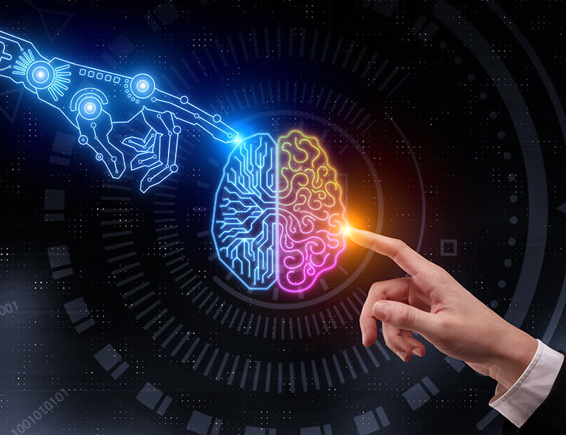 A graphic of a robotic finger and a human finger touching a multicolored brain