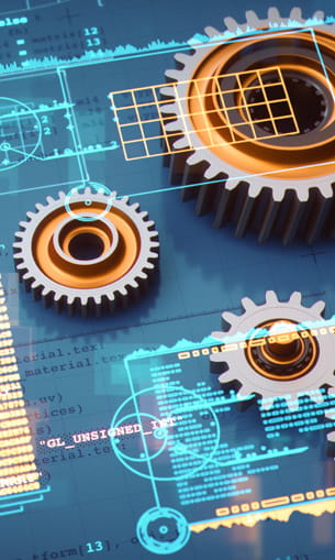 Three metal cogs sitting on a blue, computerlized background
