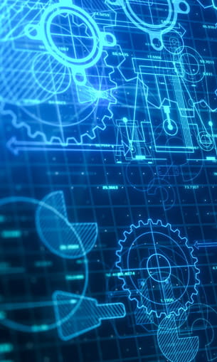 Blueprint-style background featuring technical drawings of gears and mechanical components in blue tones.