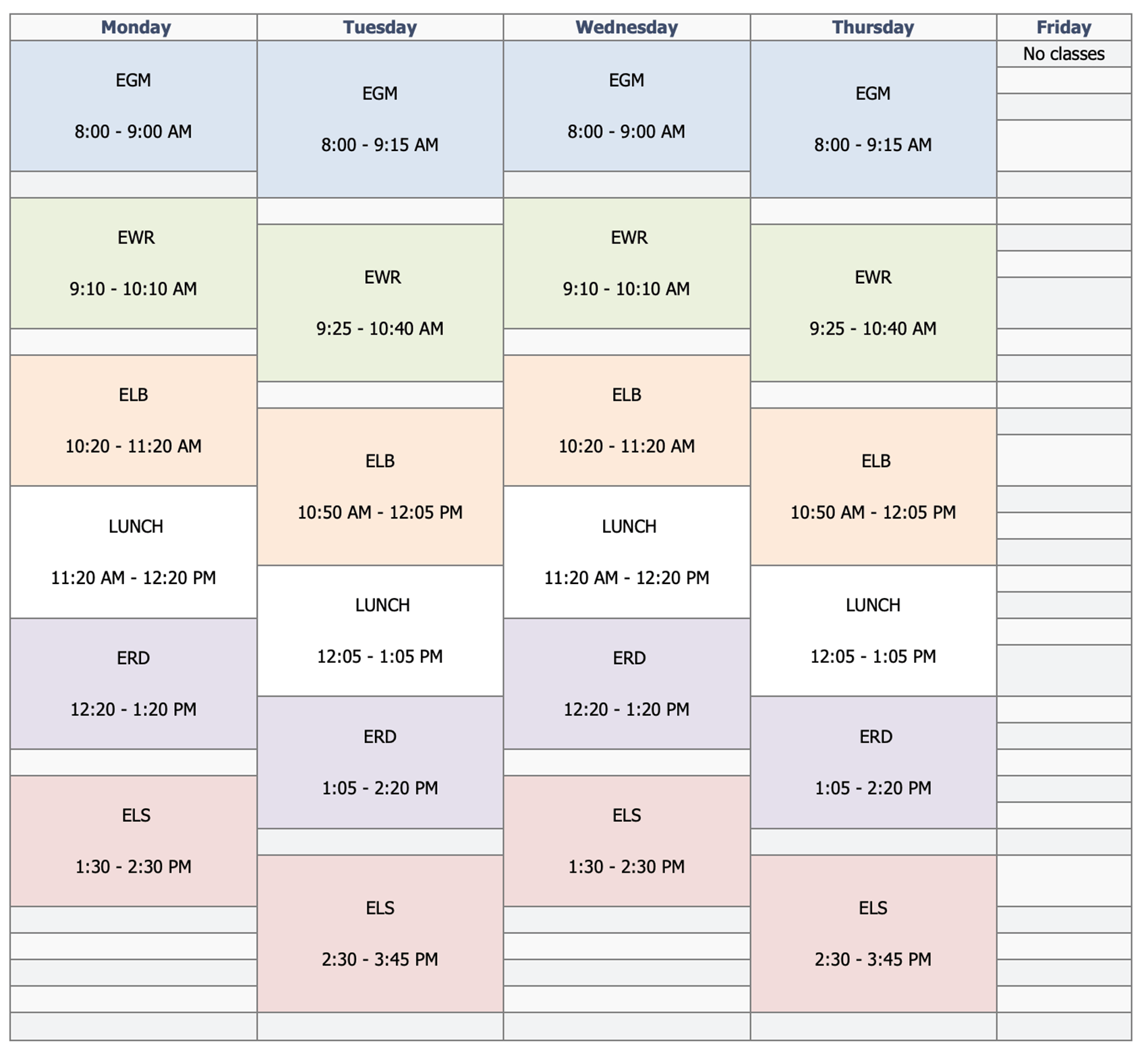 Visual depiction of the sample summer class schedule outlined on this page.
