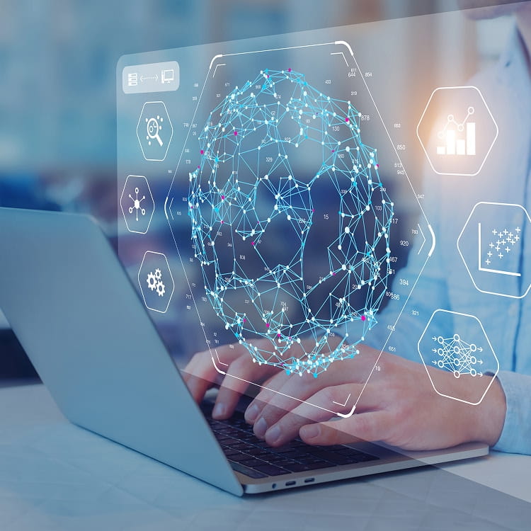 Digital visualization of networked data and connections overlaid on student using laptop, representing cybersecurity or data analysis.