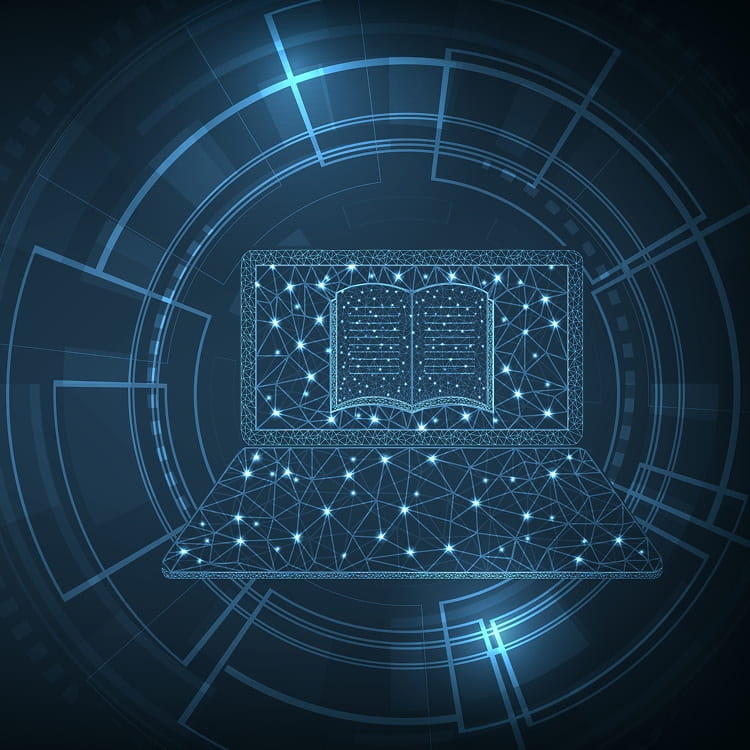 Digital illustration of laptop displaying open book with network connections and data nodes, representing online learning or information systems.