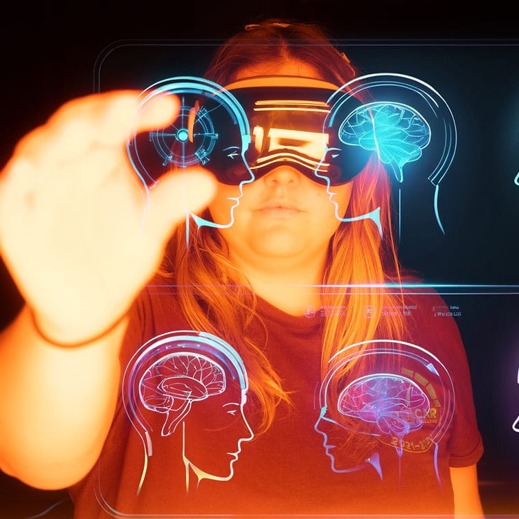 Student wearing a virtual reality headset interacts with a holographic interface showing layered brain diagrams and head profile illustrations.