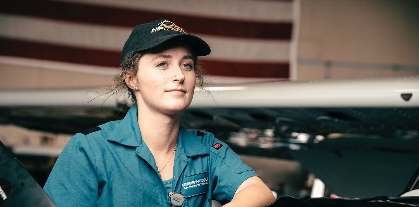 Madeline Edgerly in the Aircraft Fleet Maintenance hangar