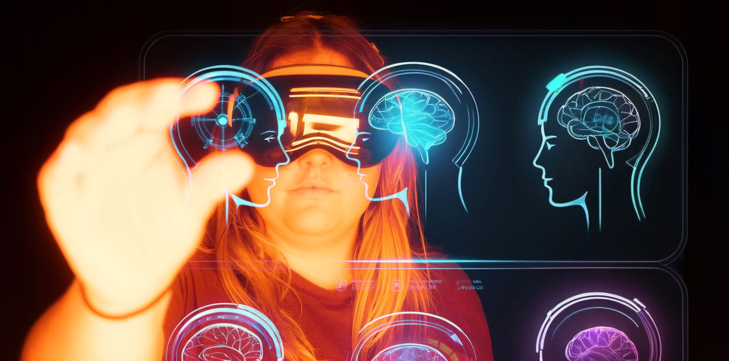Student wearing VR headset looking at anatomical diagrams