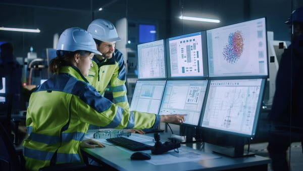 Two people wearing safety equipment are looking at six computer monitors.
