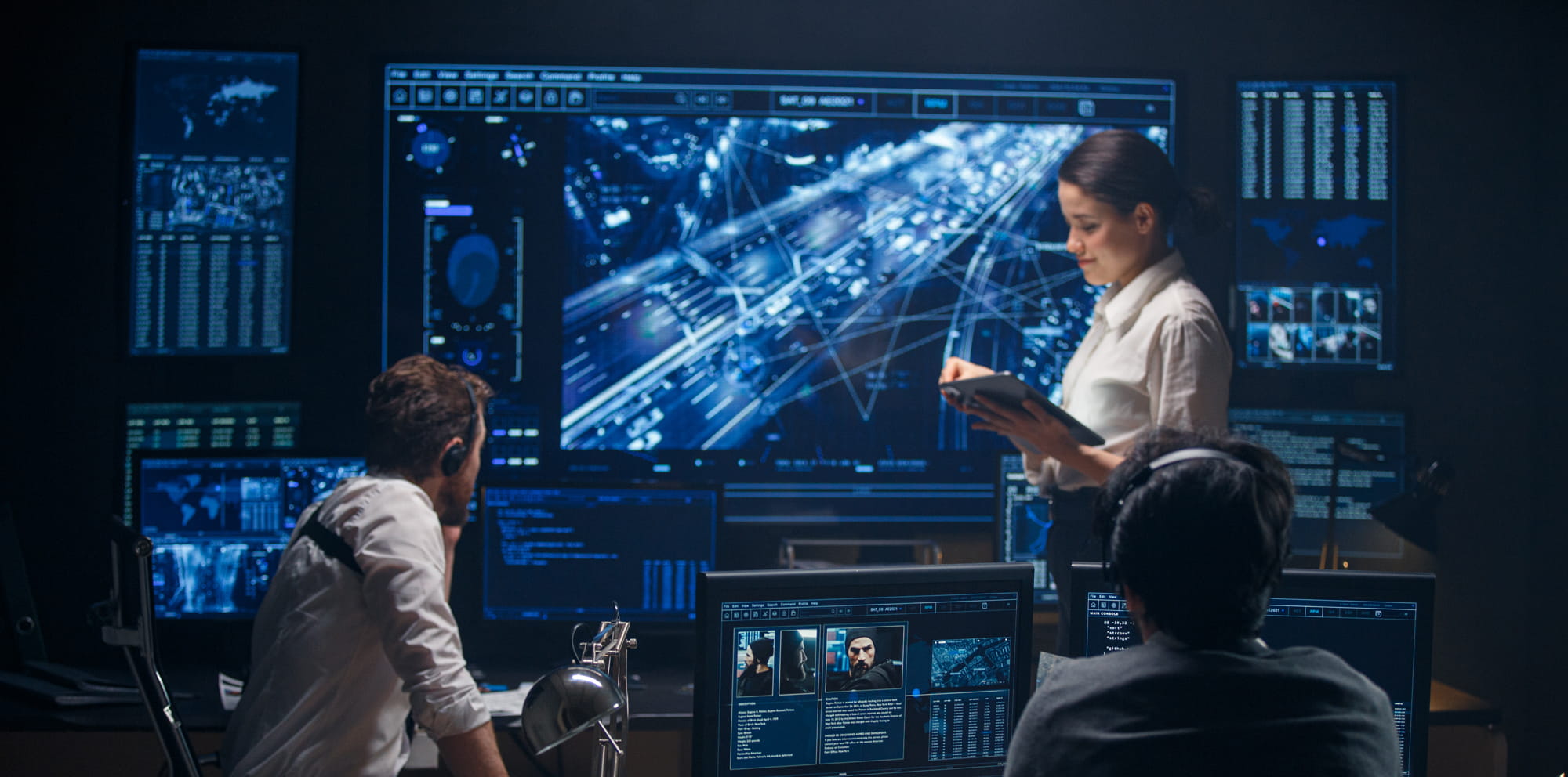 Woman working with others in a spy headquarters.