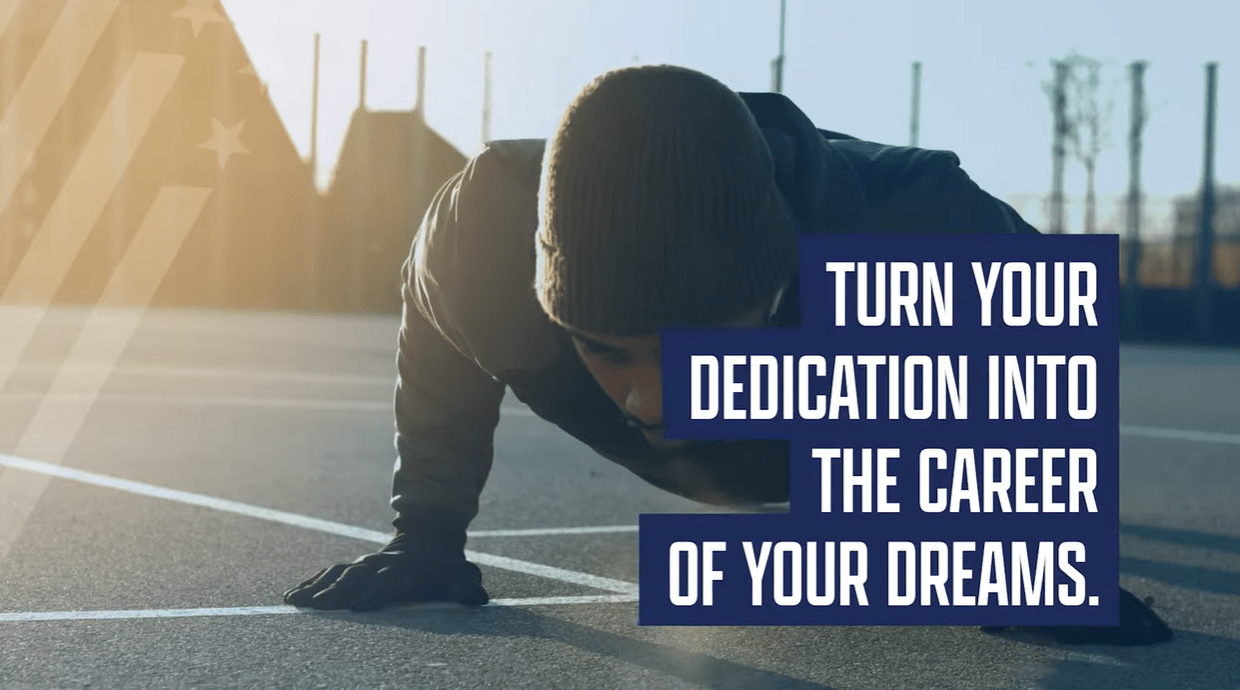 Man doing pushups - text overlay reads, 'Turn your dedication into the career of your dreams.'