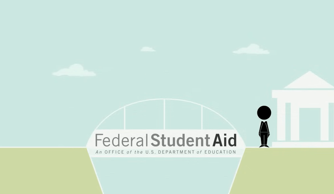 A simple illustration showing a stick-figure person standing near a building, with the Federal Student Aid logo displayed prominently in the center of the image.
