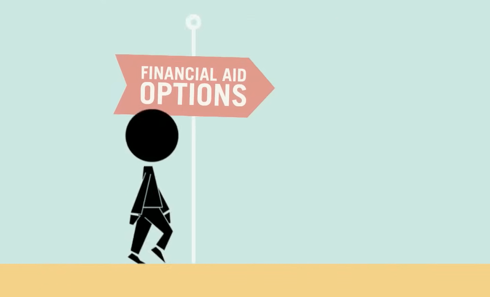 An illustration of a person walking past a sign labeled Financial Aid Options.