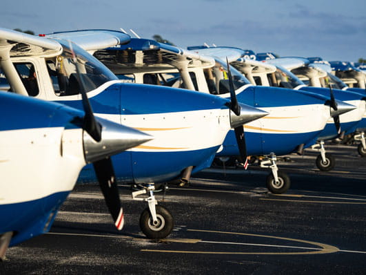 Row of blue-and-white single-engine training aircraft parked on a runway, lined up closely with their propellers facing forward.