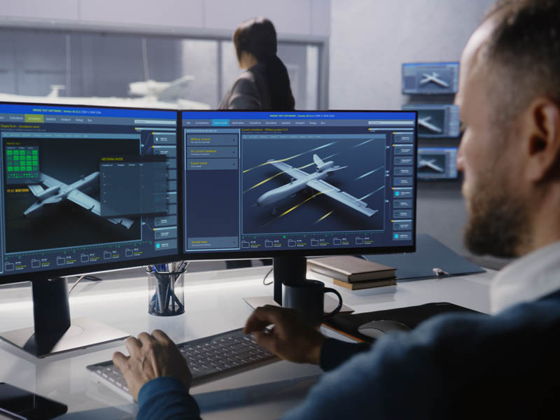 A person seated at a desk, working on a computer while multiple aircrafts are displayed across the screens.