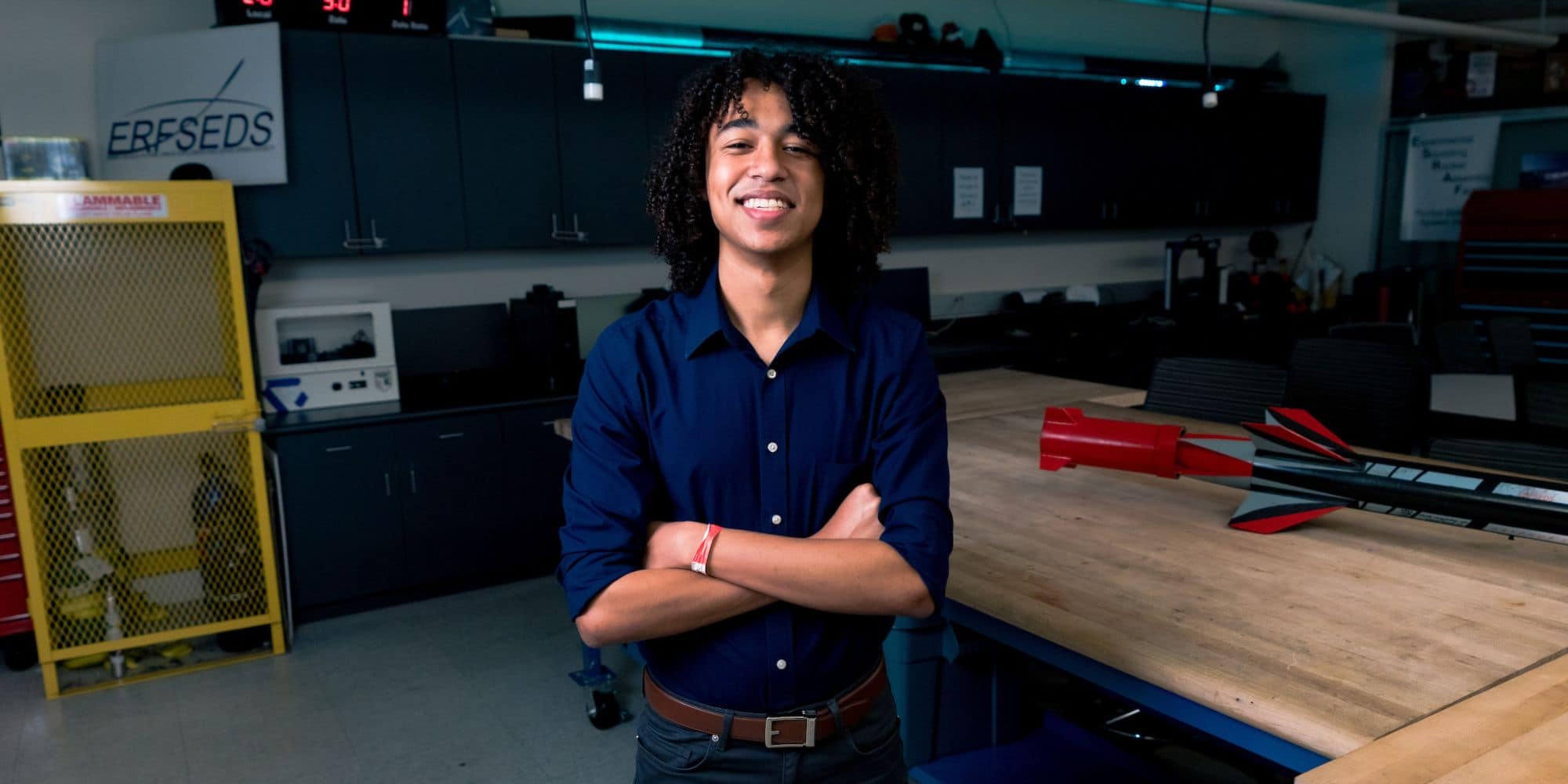 Aerospace Engineering student Alijah McDonald, here in an Embry‑Riddle lab, is proud to be a Boeing Scholar. (Photo: Embry‑Riddle / Connor McShane)