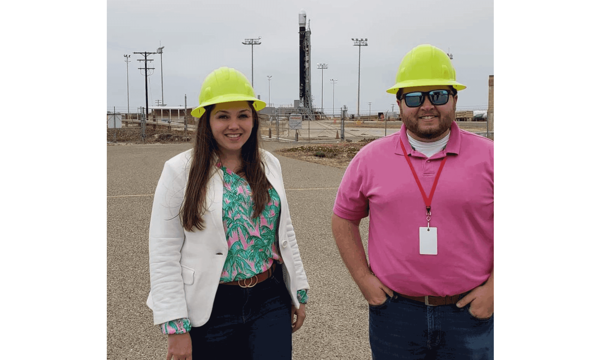 Collin Anderson with Olivia Kirk (’19, Commercial Space Operations) on Space Launch Complex-2 at Vandenberg Space Force Base in California. Firefly’s Alpha launch vehicle vertical is behind them. (Photo: Collin Anderson).