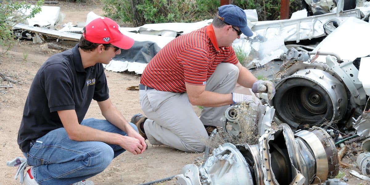 Embry-Riddle students at the Robertson Aircraft Accident Investigation laboratory (Crash Lab).