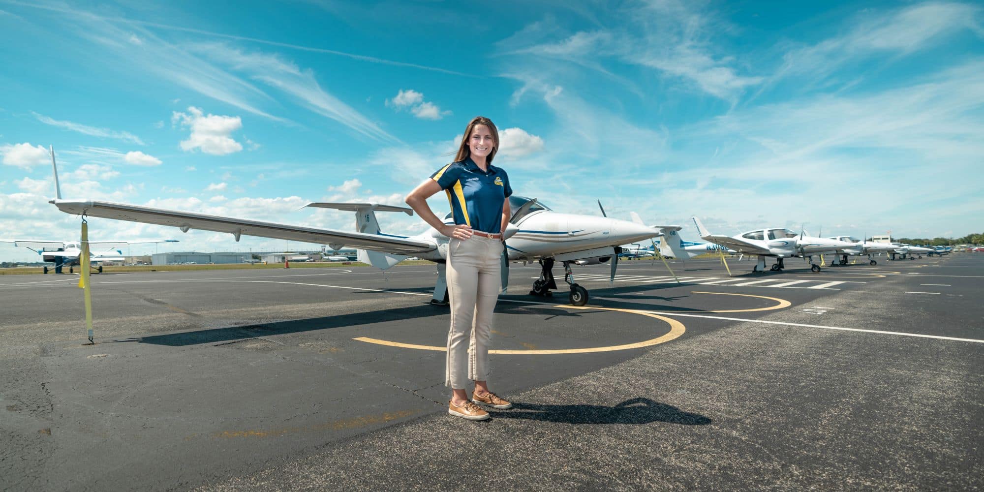Aeronautical Science student Ann Marie Petrone stands in front of our Diamond DA-42 Twin Star multi-engine aircraft. (Photo: Embry‑Riddle/Joseph Harrison)