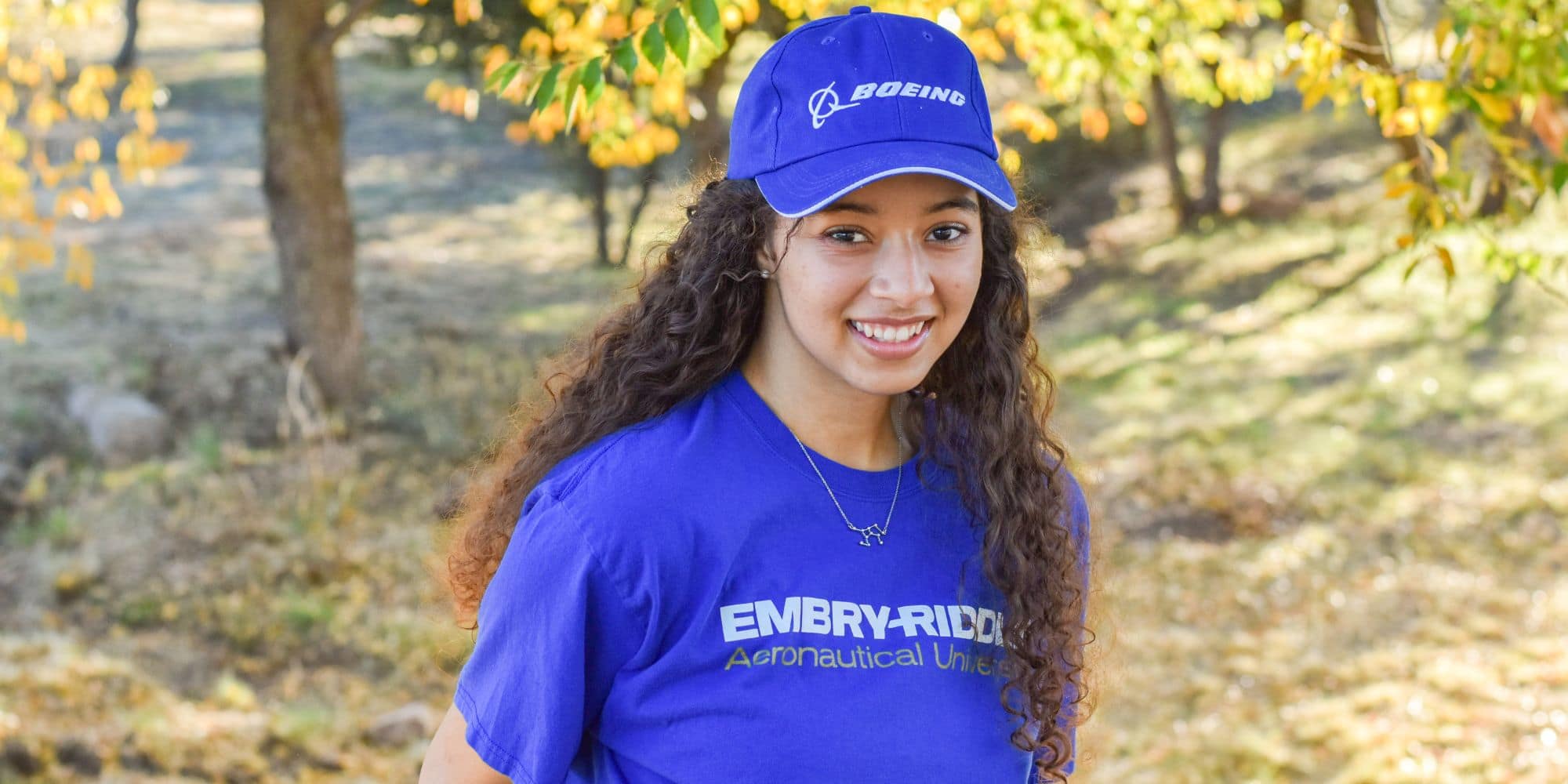 Boeing Scholar Kaija Martin, here in her Boeing hat, comes to Embry‑Riddle with more than eight years of experience in robotics. (Photo: Kaija Martin)