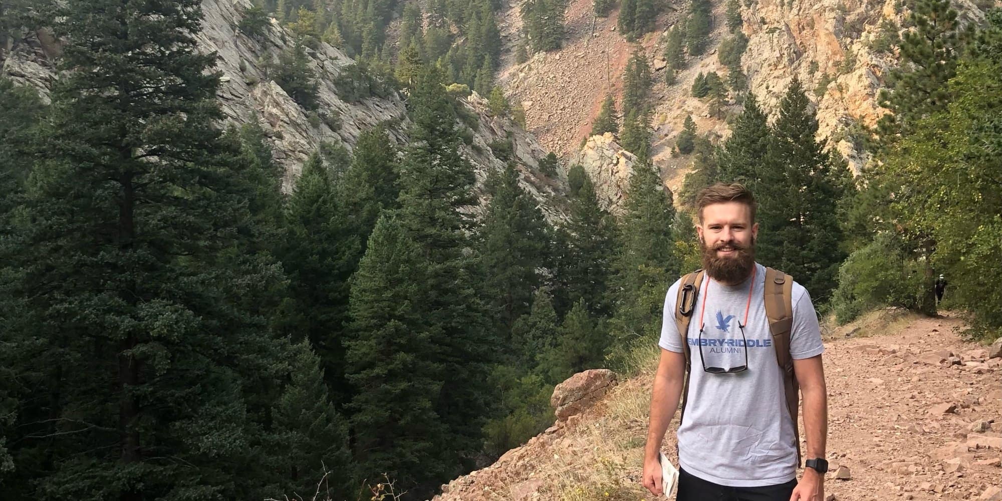 Ryan Harper, shown here on a hike in the mountains, is currently working on his third degree from Embry‑Riddle. (Photo: Ryan Harper)