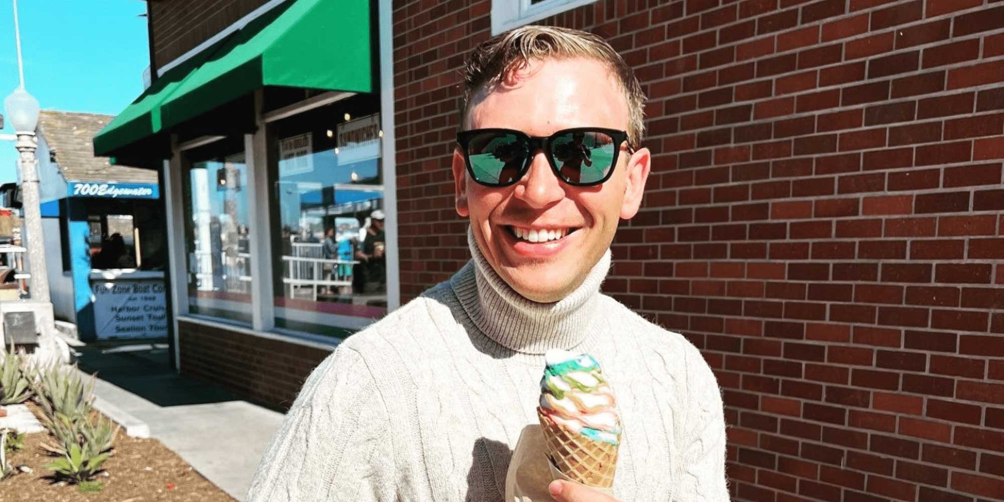 Jon France hero image, holding ice cream.