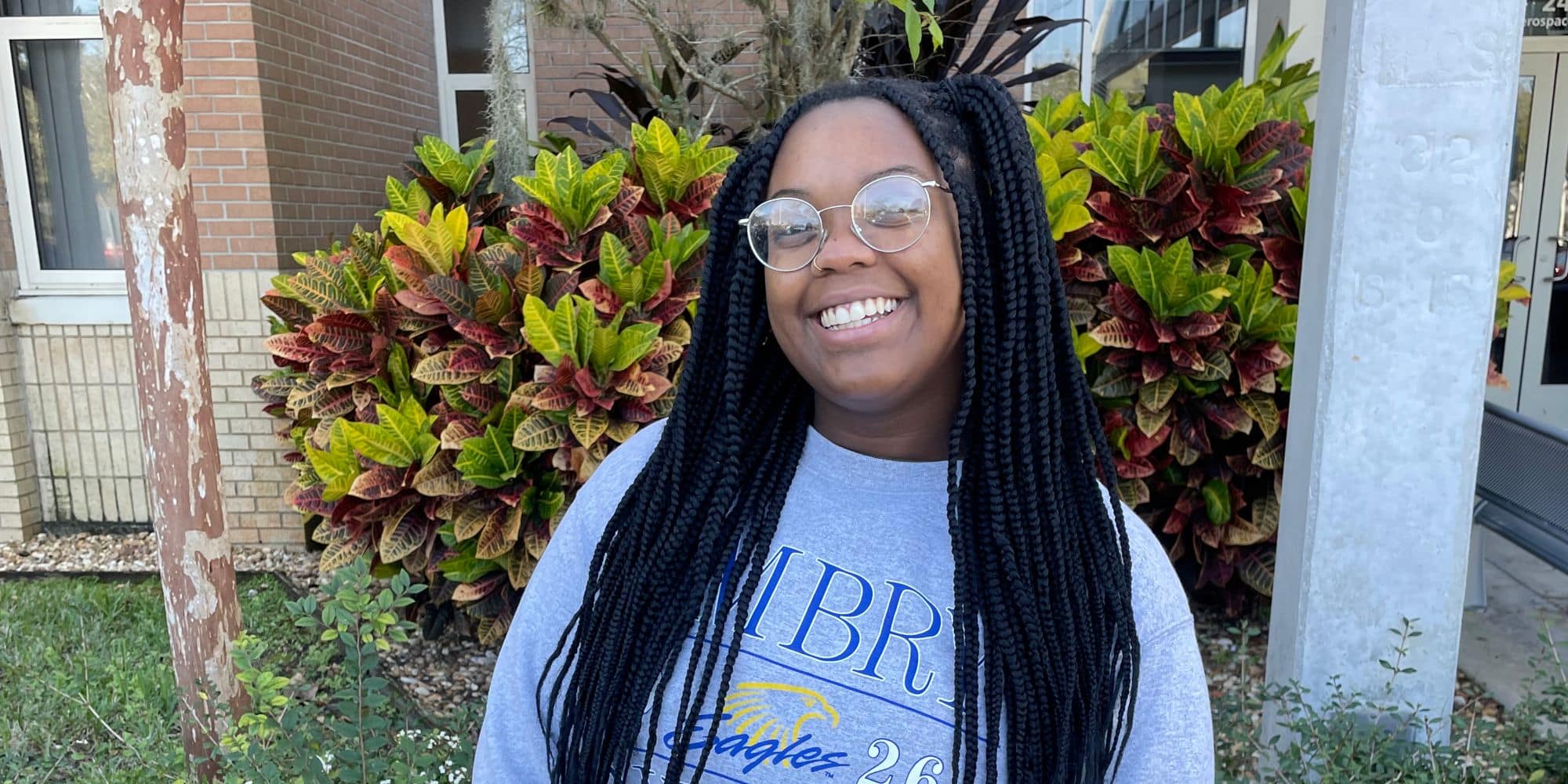 Mechanical Engineering major and Boeing Scholar Chyra Parson shows off her Embry‑Riddle sweatshirt. (Photo: Chyra Parson)