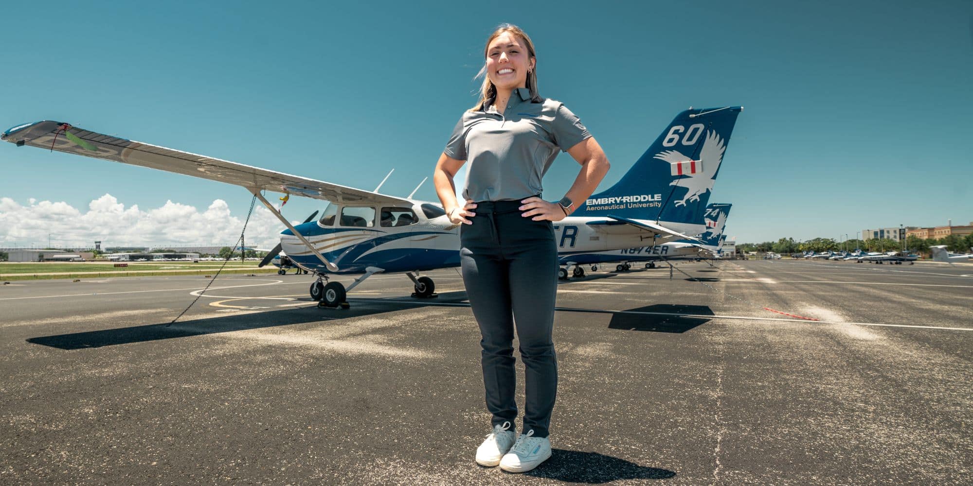 Emma Kirschenheiter, seen here on the Embry‑Riddle flight line, has amassed more than 100 hours of piloting time since fall 2021. (Photo: Embry‑Riddle / Joseph Harrison)