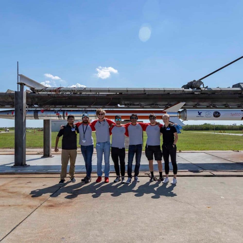 SAIL researchers with the SpEED Demon rocket at NASA Wallops flight facility (Photo: NASA / Aroh Barjatya)