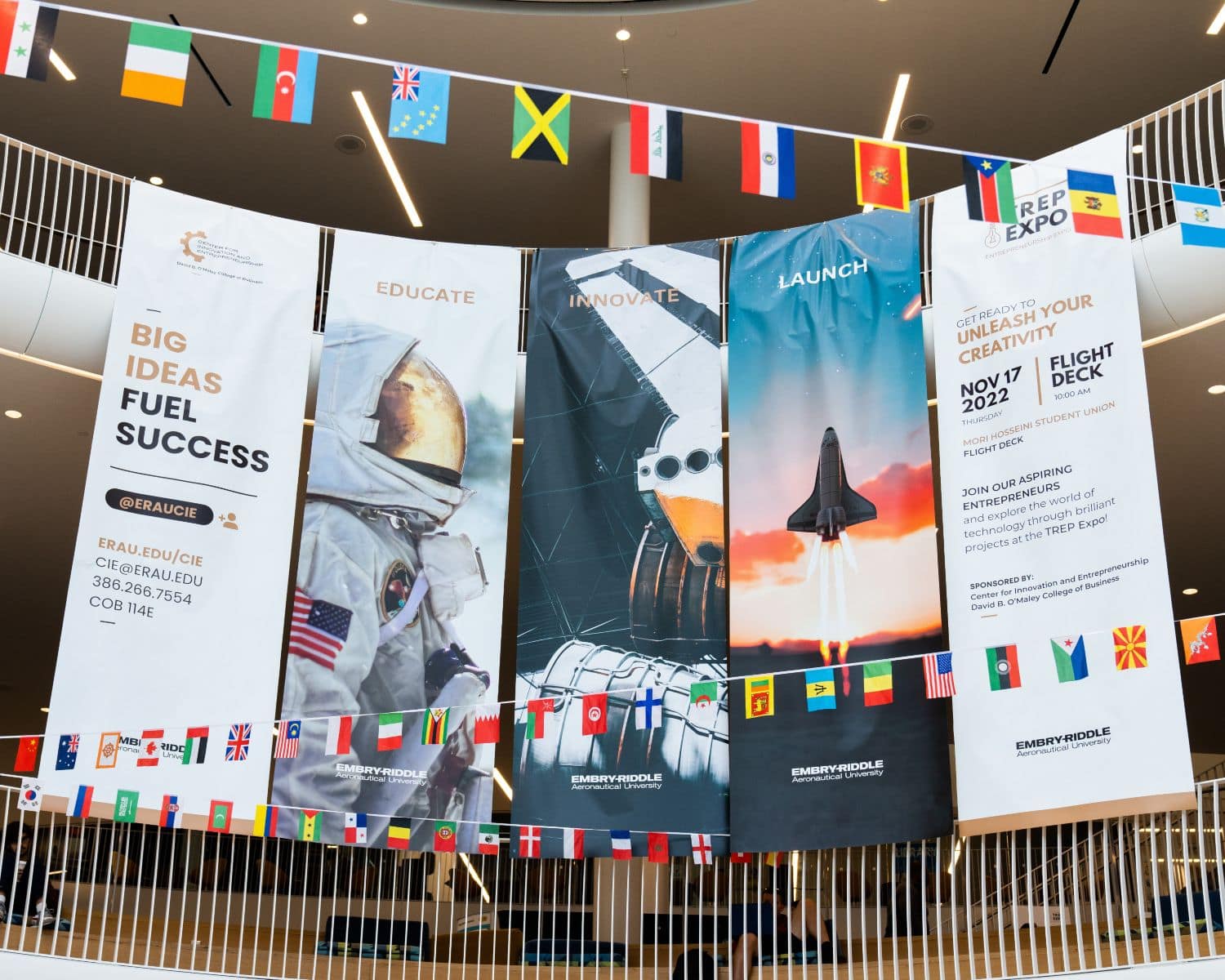 Banners for the 2022 TREP Expo, in which Embry‑Riddle students display their venture concepts for a panel of judges. (Photo: Bernard Wilchusky) Banners for the 2022 TREP Expo, in which Embry‑Riddle students display their venture concepts for a panel of judges. (Photo: Bernard Wilchusky)