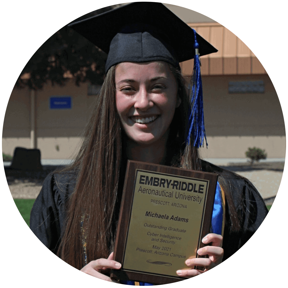 Michaela Adams was recognized as an Outstanding Graduate in Cyber Intelligence and Security upon her graduation in Spring of 2021. (Photo: Michaela Adams) Alumna Michaela Adams graduated from Embry-Riddle's Cyber Intelligence and Security program in the Spring of 2021.